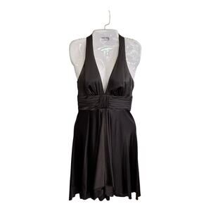 Trina Turk Silk Plunge Halter Neck‎ Black Satin Cocktail Dress Small